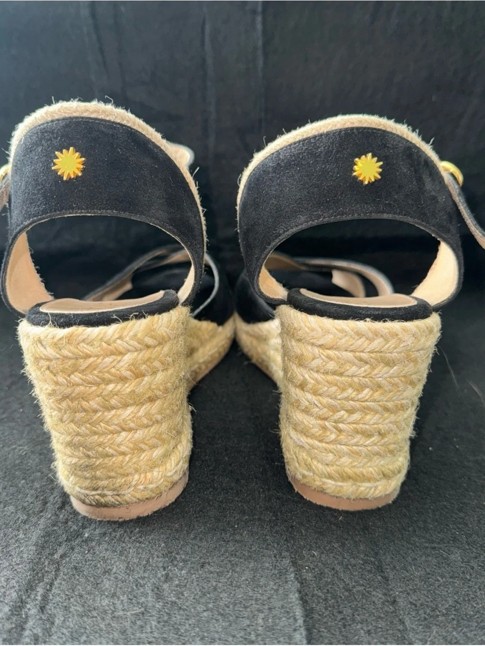 Stuart Weitzman Black Suede Wrap Ankle Buckle Strap Espadrille Wedge Sandals 7
